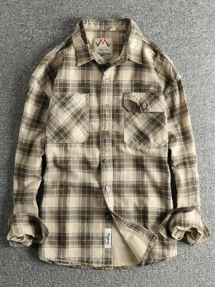 2025 Autumn New Japanese Retro Long-Sleeve Lapel Plaid Cargo Shirt Men's Simple 100% Cotton Washed Double Pocket Casual Blouses