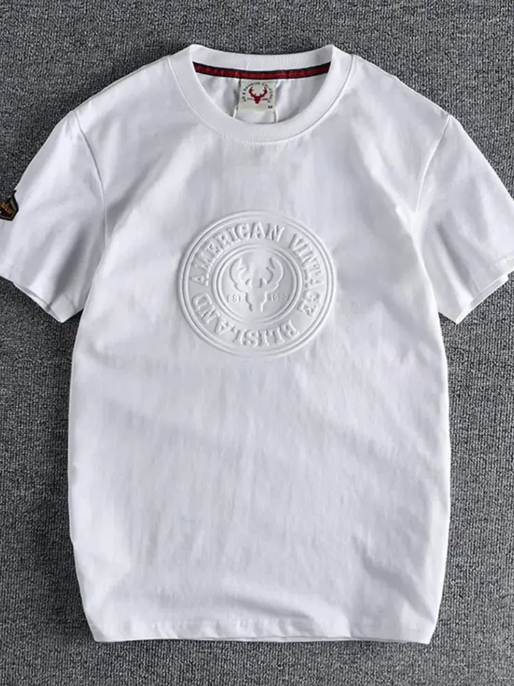 883# 2024 Summer New Japanese Retro Short Sleeve O-neck 3D Letter Printed T-shirt Men's Fashion 100% Cotton Washed Casual Tops