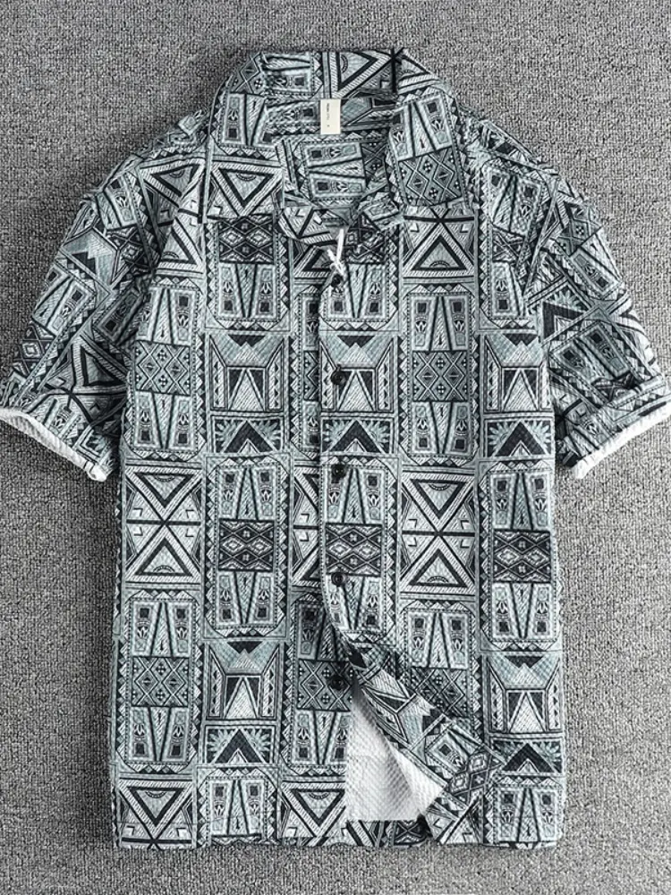 Summer New American Retro Short Sleeve Cuban Collar Hawaiian Printed Shirt Men's Ethnic Style Seaside Beach Loose Casual Blouses