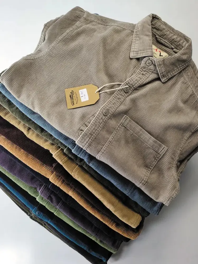 Autumn Winter New American Retro Long-Sleeve Lapel Corduroy Shirt Men's Fashion 100% Cotton Washed Single Pocket Casual Blouses