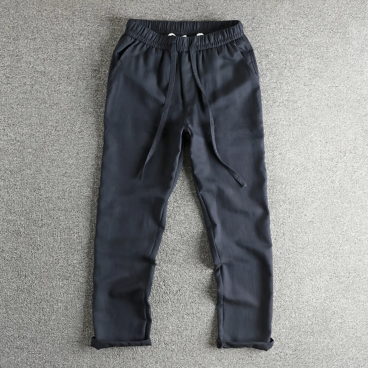 2025 Autumn New American Lyocell Blend Cotton Linen Pants Men's Simple Elastic Waist Drawstring Loose Straight Casual Trousers