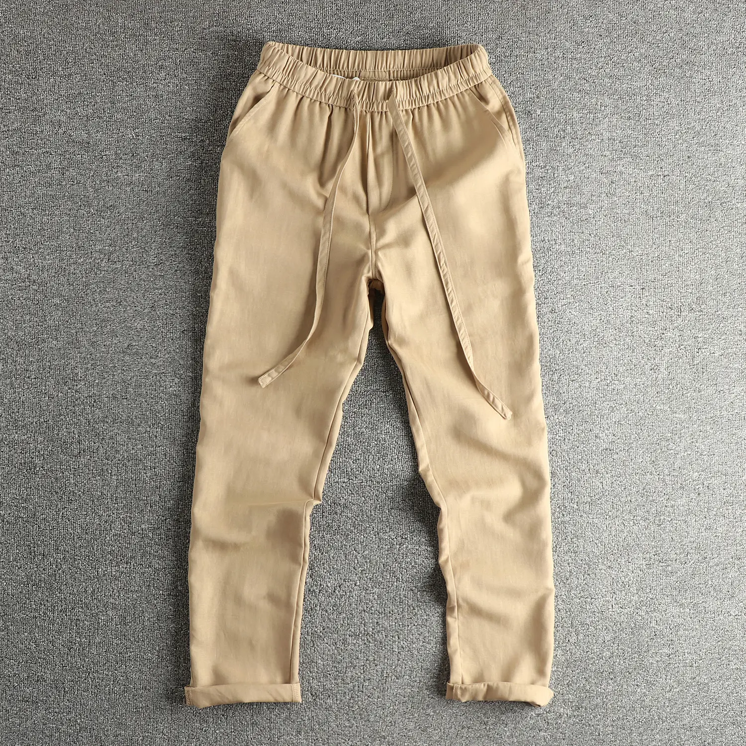 2025 Autumn New American Lyocell Blend Cotton Linen Pants Men's Simple Elastic Waist Drawstring Loose Straight Casual Trousers