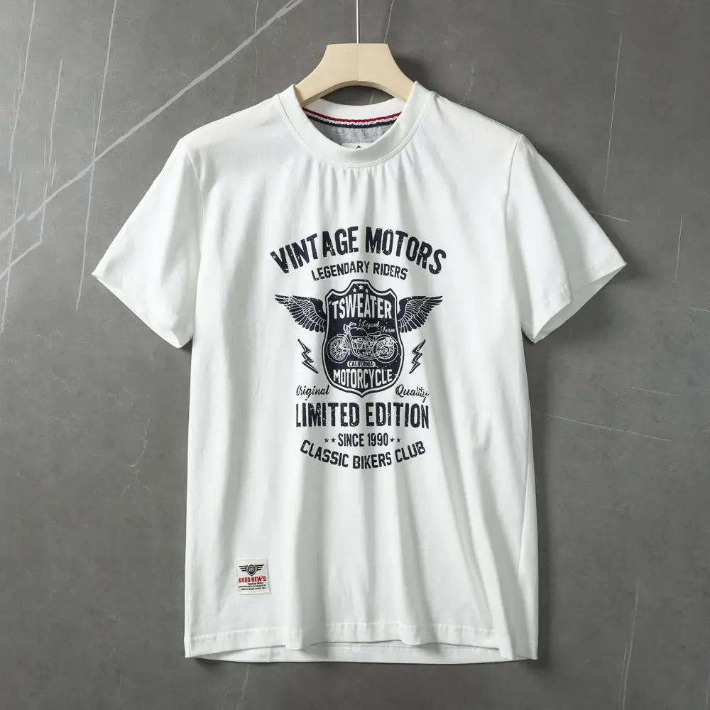 2025 Summer American Retro Short Sleeve O-neck Letter Motorcycle Printed T-shirt Men's Fashion 100% Cotton Washed Casual Tops