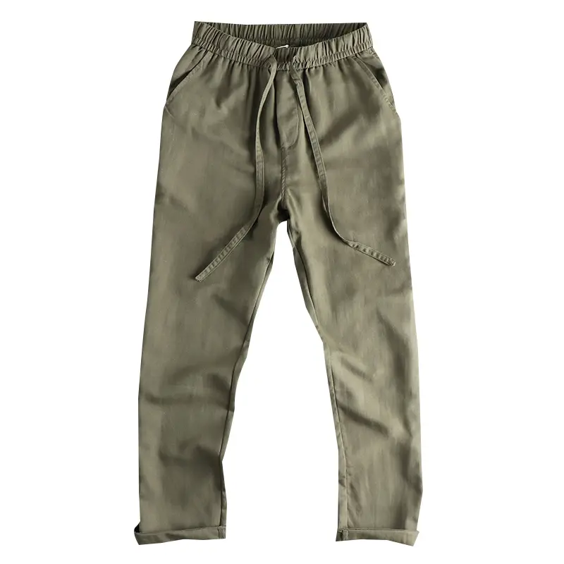 2025 Autumn New American Lyocell Blend Cotton Linen Pants Men's Simple Elastic Waist Drawstring Loose Straight Casual Trousers