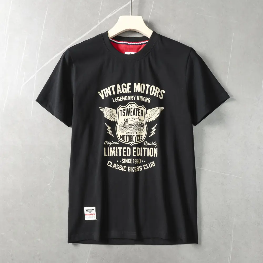 2025 Summer American Retro Short Sleeve O-neck Letter Motorcycle Printed T-shirt Men's Fashion 100% Cotton Washed Casual Tops