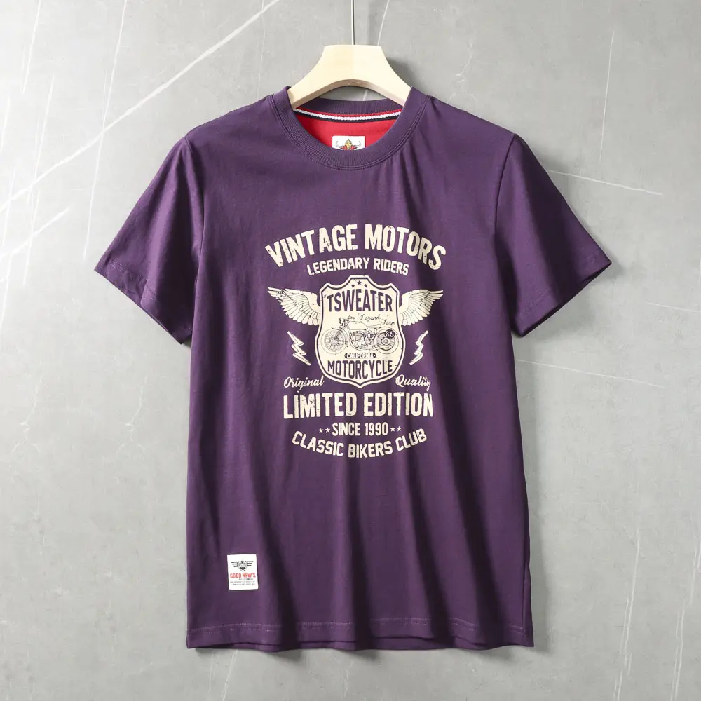 2025 Summer American Retro Short Sleeve O-neck Letter Motorcycle Printed T-shirt Men's Fashion 100% Cotton Washed Casual Tops
