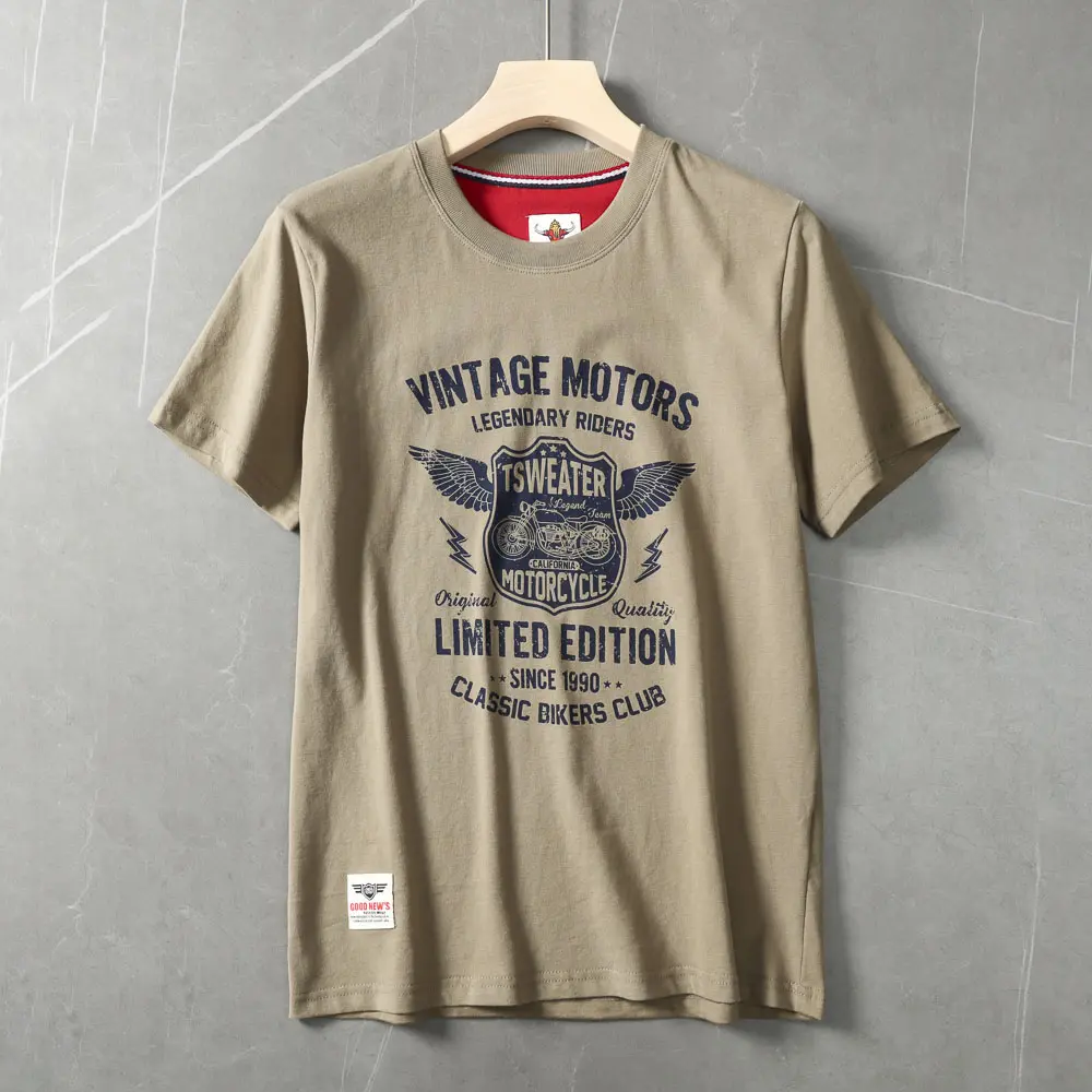 2025 Summer American Retro Short Sleeve O-neck Letter Motorcycle Printed T-shirt Men's Fashion 100% Cotton Washed Casual Tops