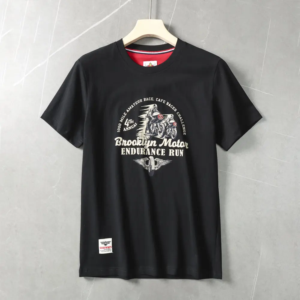 2025 Summer American Retro Short Sleeve O-neck Letter Motorcycle Printed T-shirt Men's Fashion 100% Cotton Washed Casual Tops