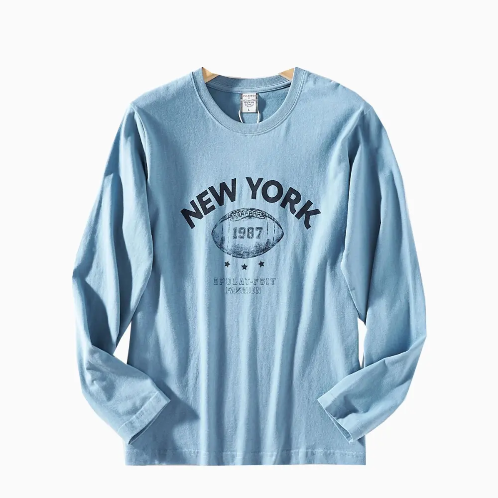 2026 Spring New American Retro Long-sleeved O-neck Letter Printed T-shirt Men's Fashion 100% Cotton Washed Casual Youth Tops
