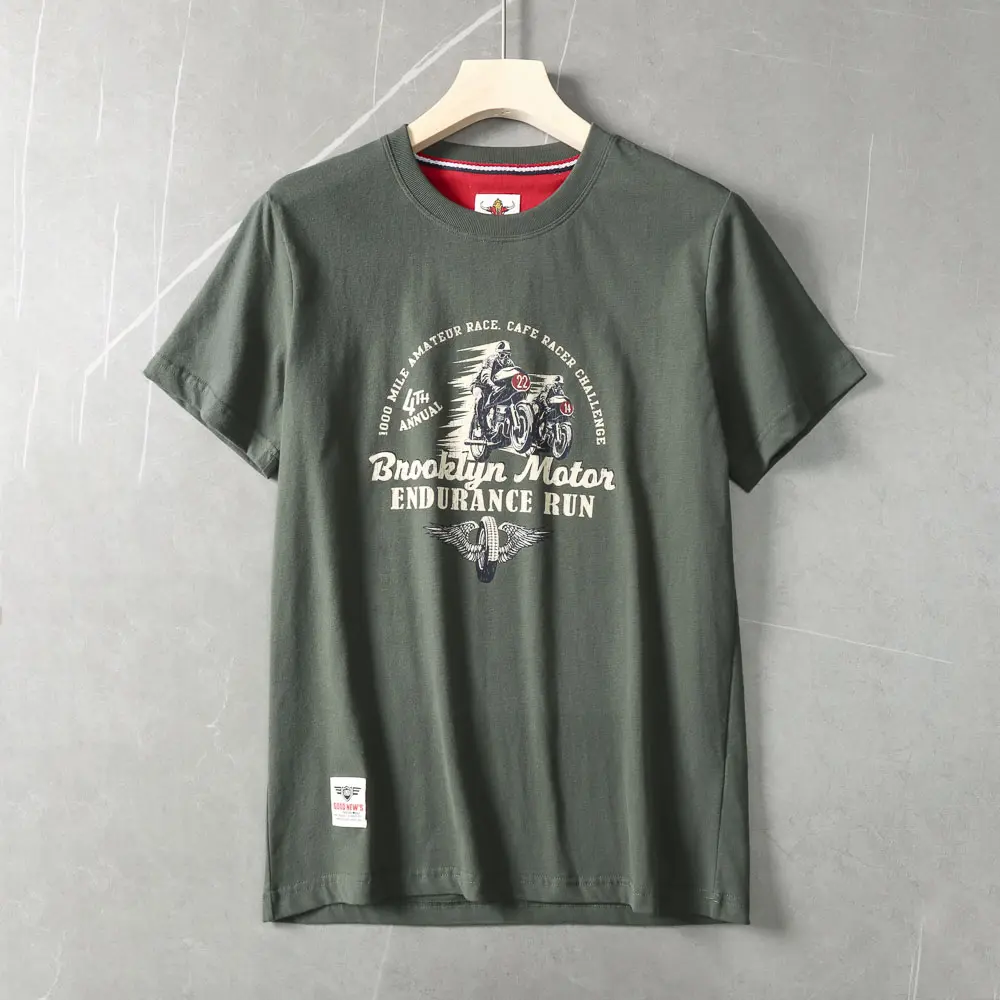 2025 Summer American Retro Short Sleeve O-neck Letter Motorcycle Printed T-shirt Men's Fashion 100% Cotton Washed Casual Tops