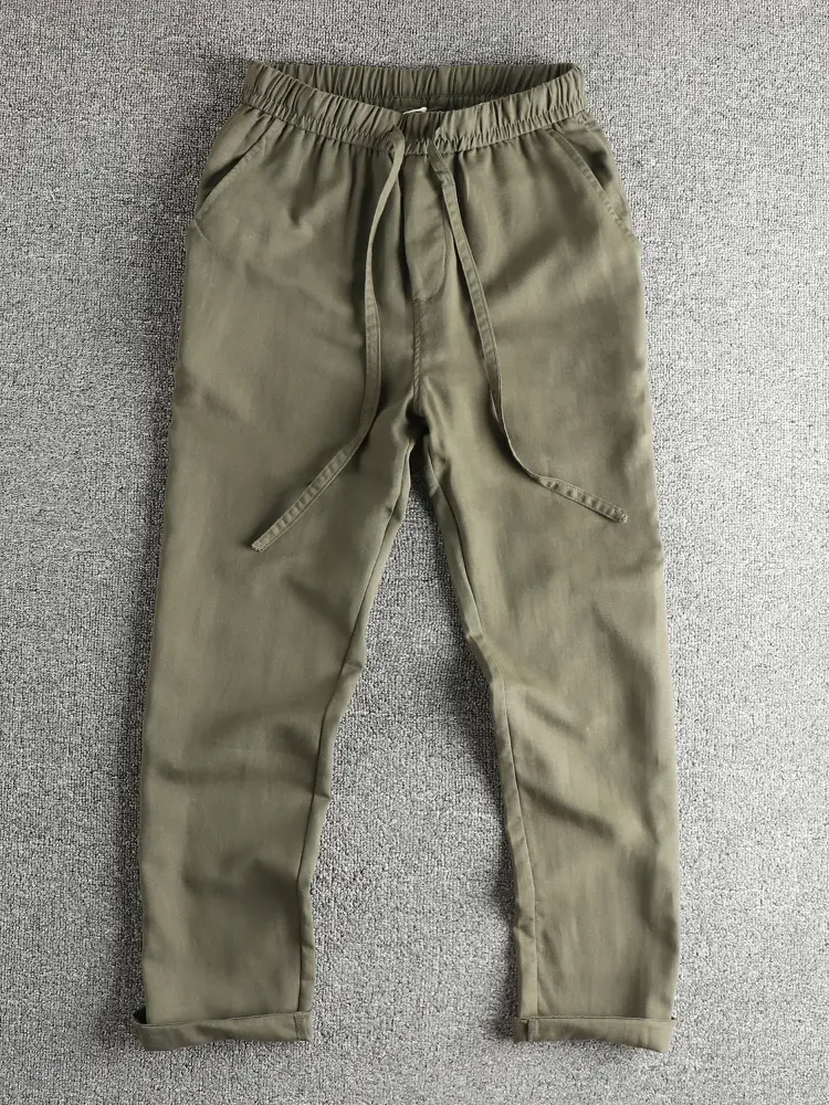 2025 Autumn New American Lyocell Blend Cotton Linen Pants Men's Simple Elastic Waist Drawstring Loose Straight Casual Trousers