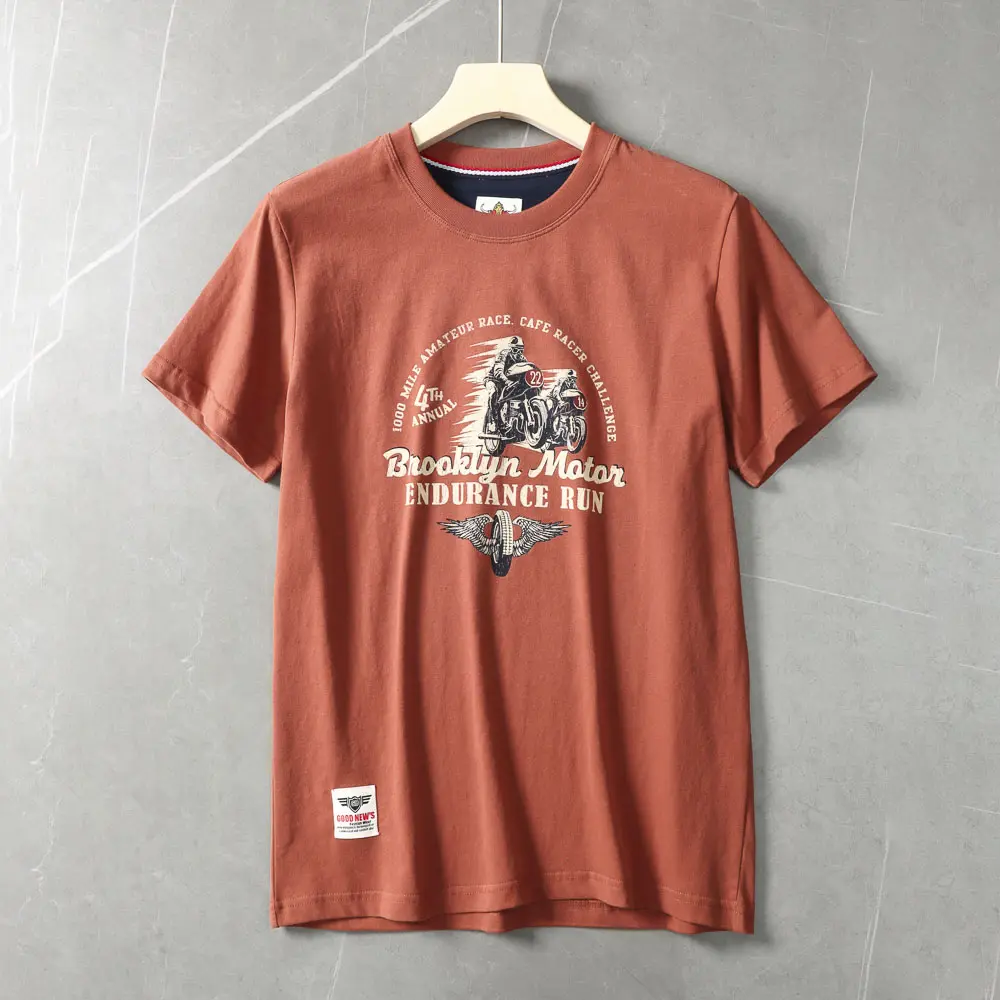 2025 Summer American Retro Short Sleeve O-neck Letter Motorcycle Printed T-shirt Men's Fashion 100% Cotton Washed Casual Tops