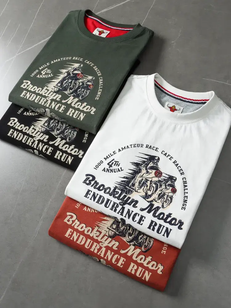 2025 Summer American Retro Short Sleeve O-neck Letter Motorcycle Printed T-shirt Men's Fashion 100% Cotton Washed Casual Tops