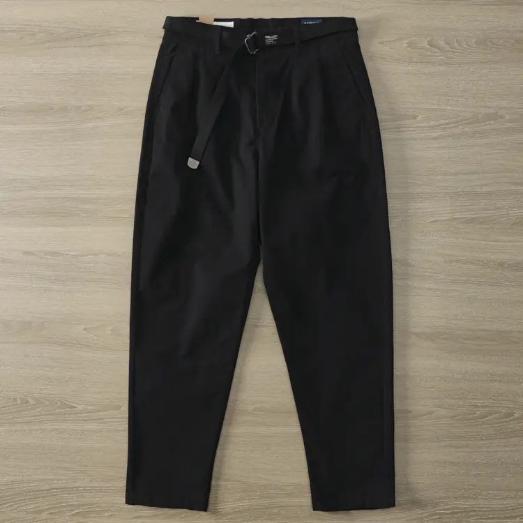 2026 Spring New American Retro Casual Pants Men's Simple 97% Cotton Washed Micro Elastic Thick Loose Straight Trousers with Belt