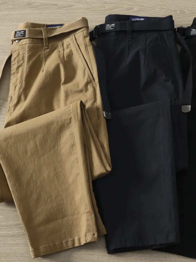 2026 Spring New American Retro Casual Pants Men's Simple 97% Cotton Washed Micro Elastic Thick Loose Straight Trousers with Belt