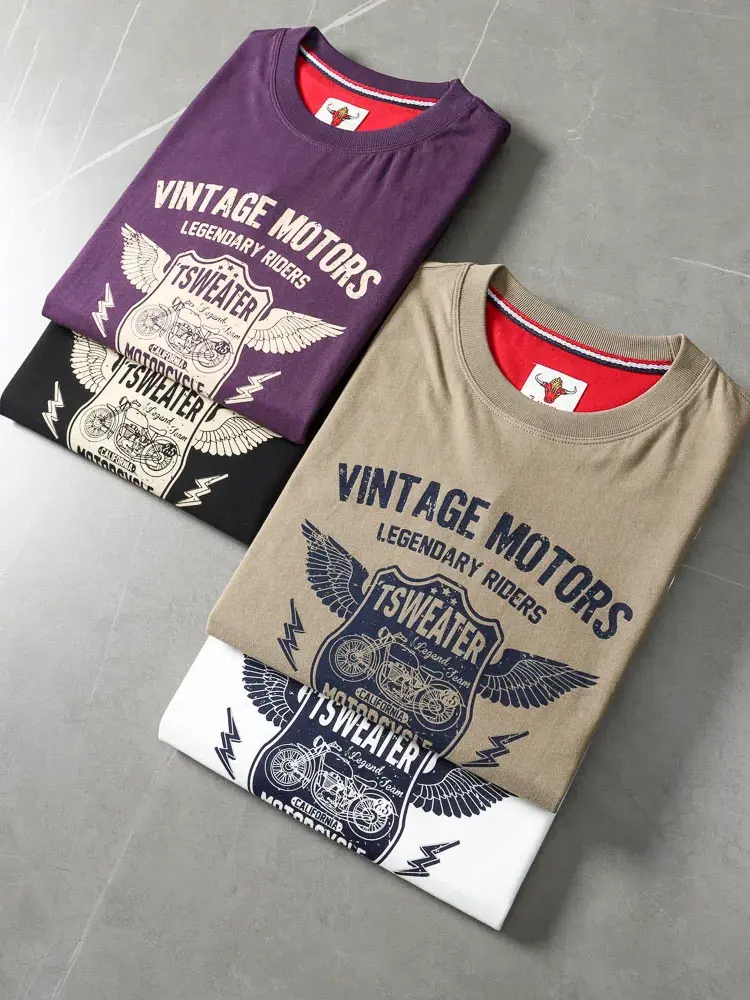 2025 Summer American Retro Short Sleeve O-neck Letter Motorcycle Printed T-shirt Men's Fashion 100% Cotton Washed Casual Tops