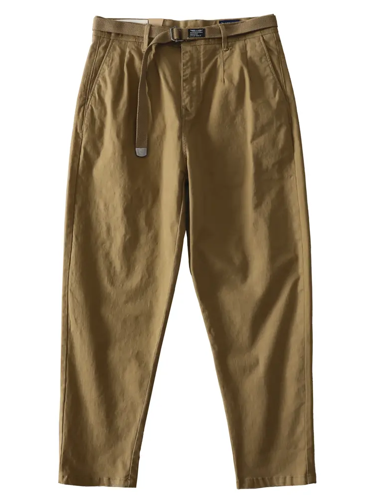 2026 Spring New American Retro Casual Pants Men's Simple 97% Cotton Washed Micro Elastic Thick Loose Straight Trousers with Belt