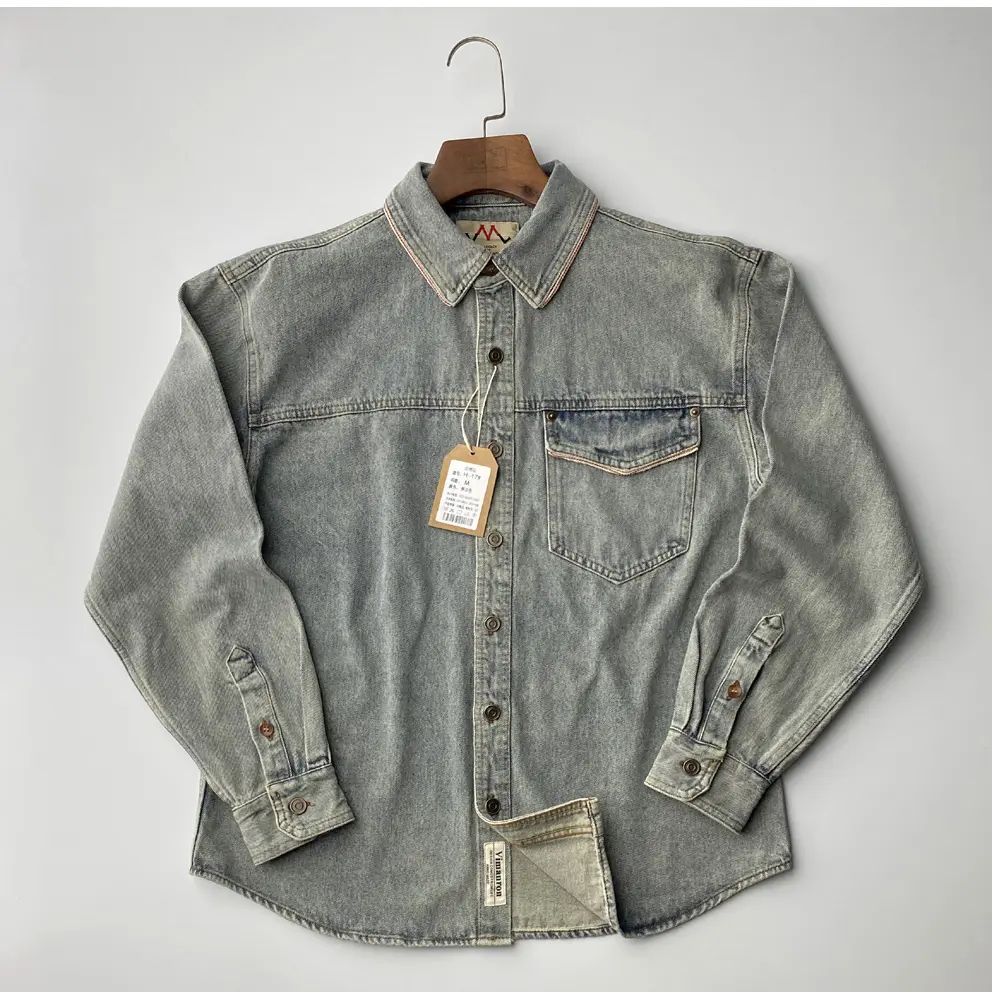 Autumn New American Retro Heavyweight Single Pocket Denim Cargo Shirt Men's Simple 100% Cotton Washed Casual Blouses Thin Jacket