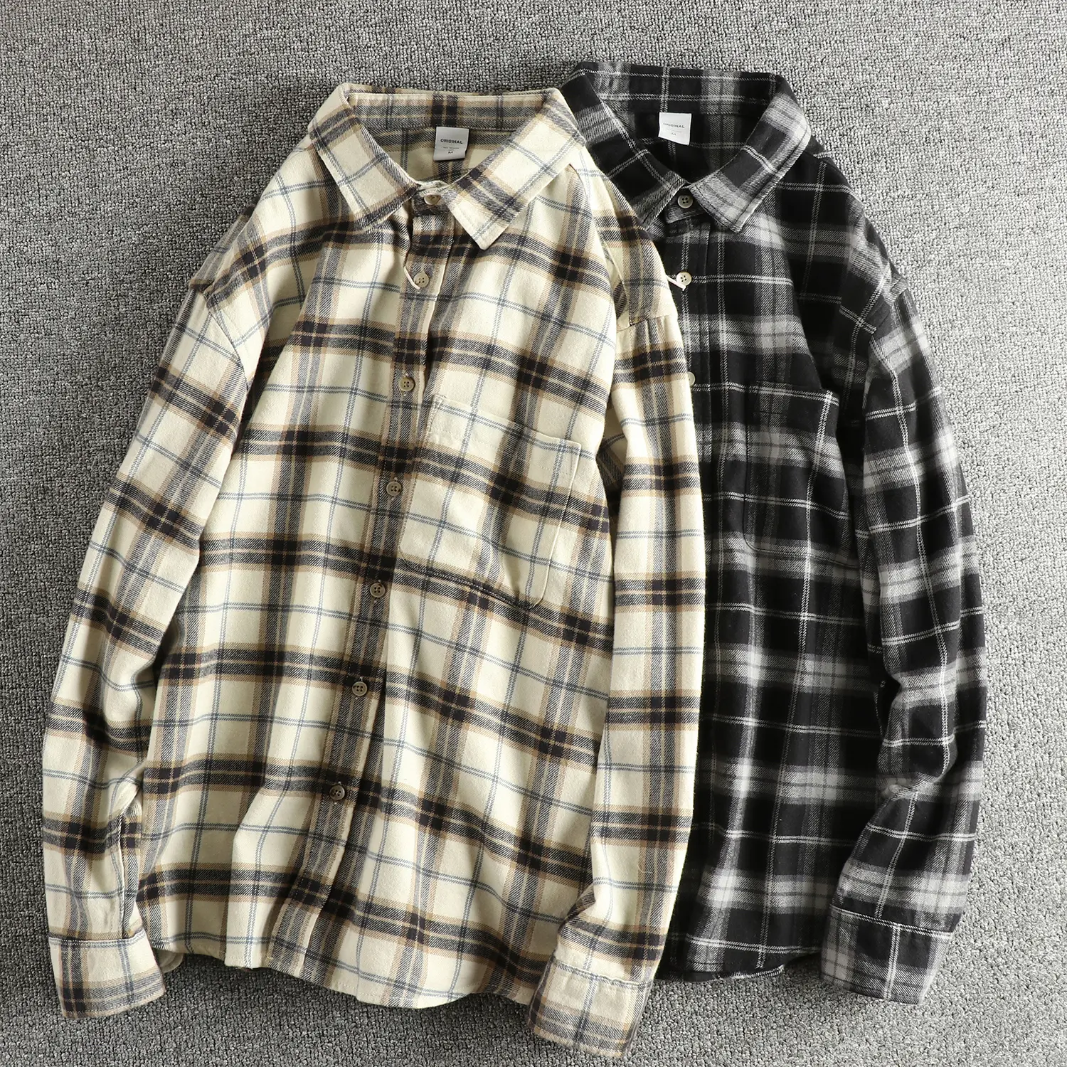 2025 Autumn New Japanese Retro Long-Sleeve Lapel Woven Brushed Plaid Shirt Men's Simple 100% Cotton Washed Casual Loose Blouses