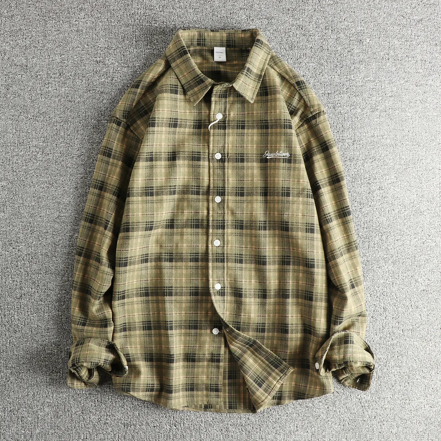 2025 Autumn New Japanese Retro Long-Sleeve Lapel Plaid Embroidery Shirt Men's Fashion Simple 100% Cotton Washed Casual Blouses