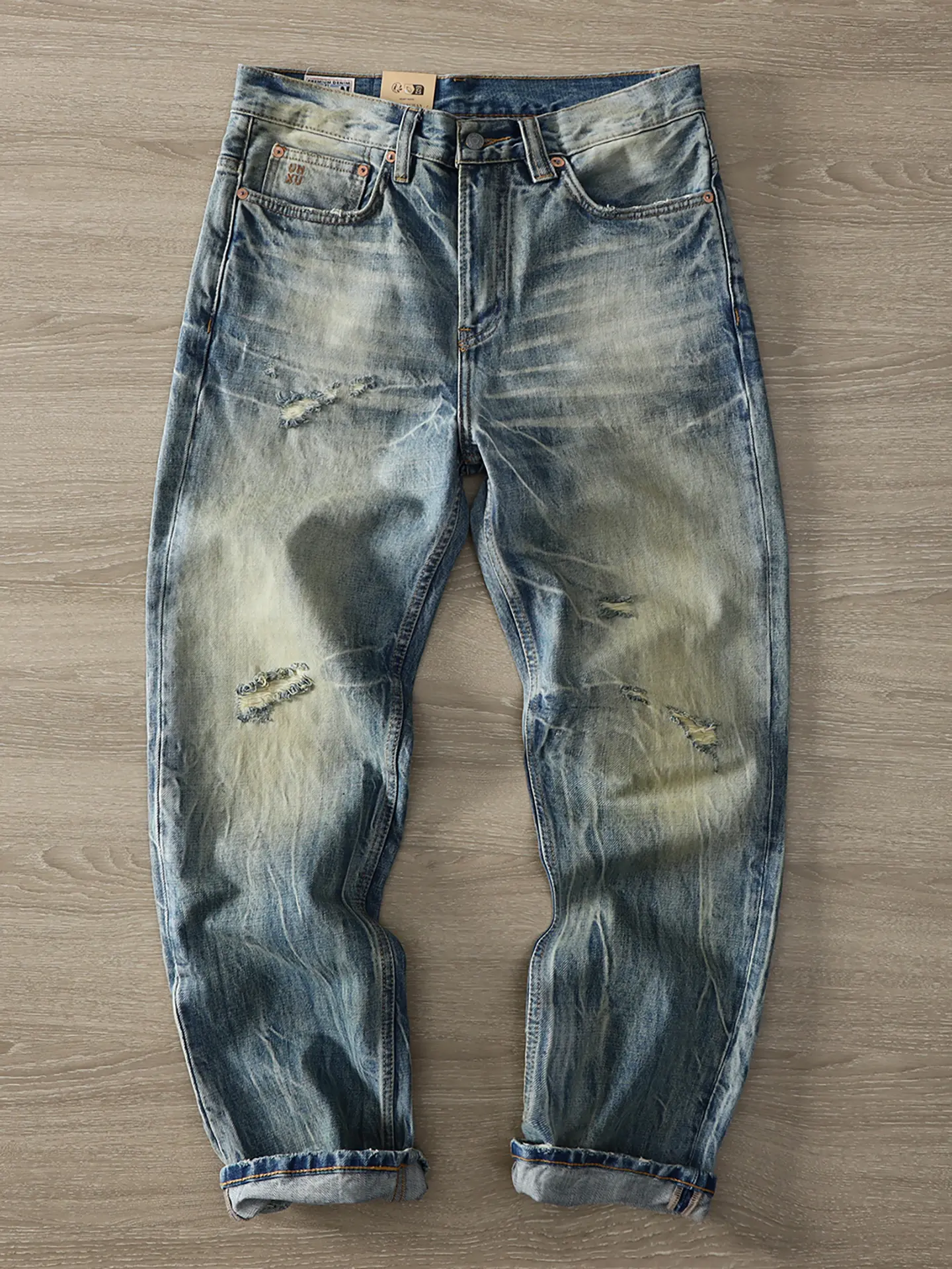 2026 Spring New American Retro 15.2OZ Heavyweight Holes Denim Jeans Men's Fashion 100% Cotton Washed Loose Straight Casual Pants