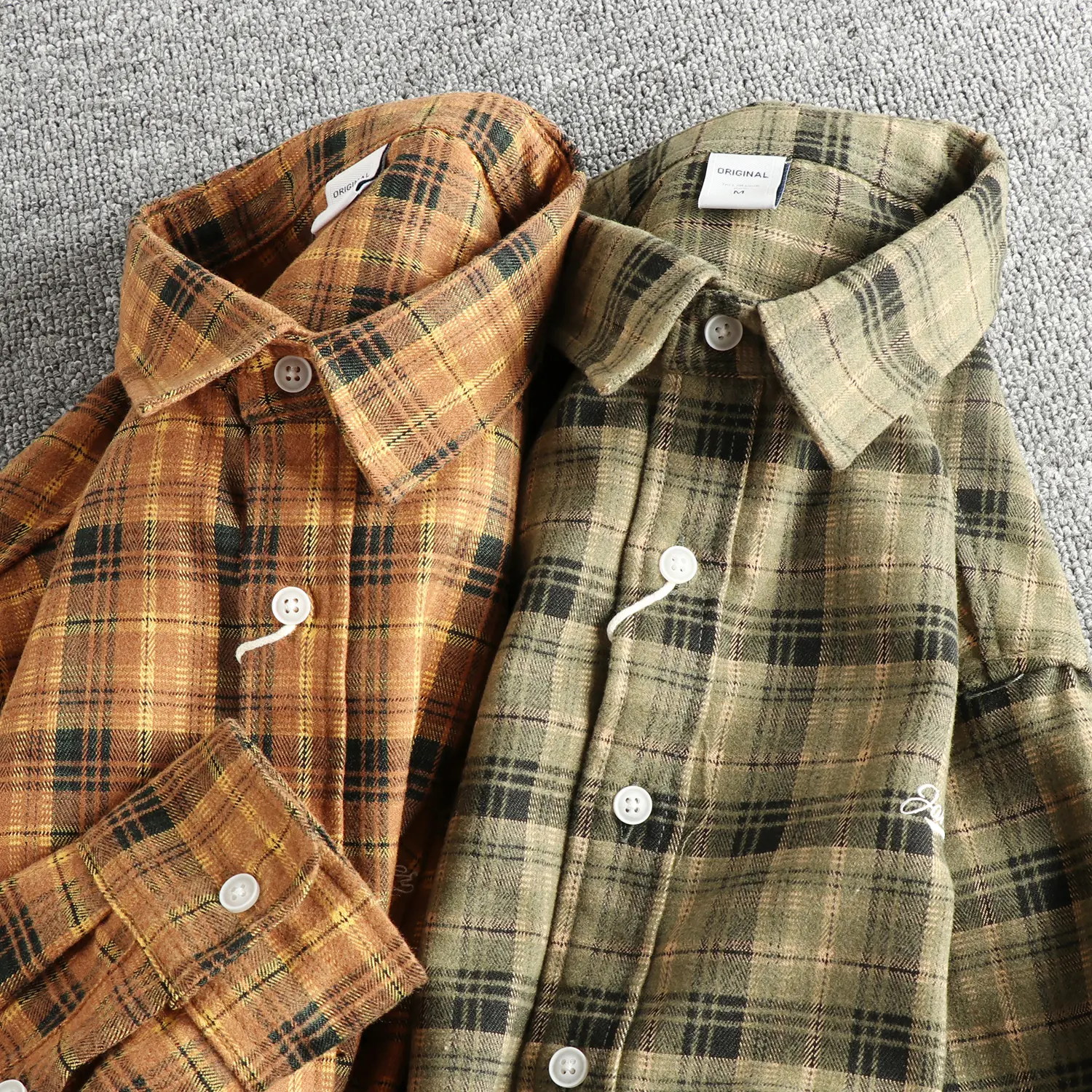 2025 Autumn New Japanese Retro Long-Sleeve Lapel Plaid Embroidery Shirt Men's Fashion Simple 100% Cotton Washed Casual Blouses