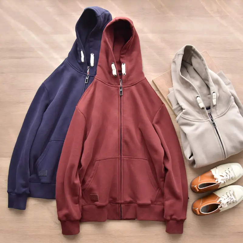 Autumn Winter American Retro Heavyweight Long Sleeved Hooded Hoodies Men's Fashion Thickened Velvet Casual Cardigan Sweatshirts