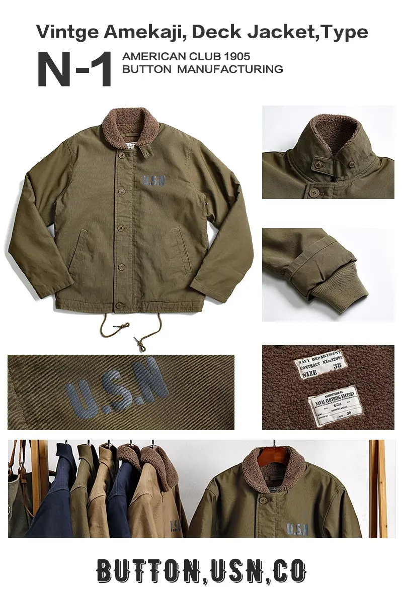 2021 Autumn and Winter New American Retro Style Casual Replica Navy N-1 Deck Jacket Thickened Cotton-padded Jacket with Velvet