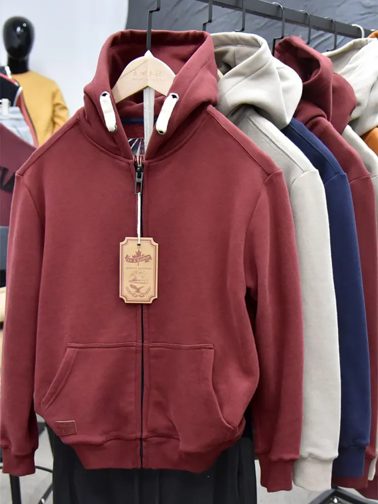 Autumn Winter American Retro Heavyweight Long Sleeved Hooded Hoodies Men's Fashion Thickened Velvet Casual Cardigan Sweatshirts