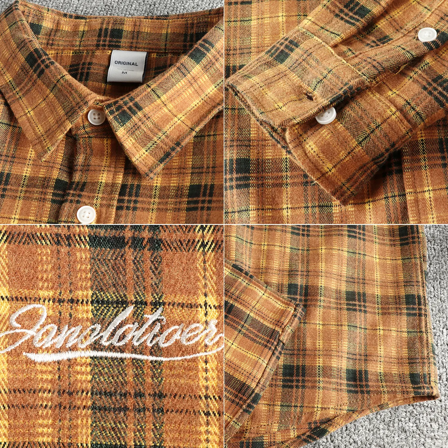 2025 Autumn New Japanese Retro Long-Sleeve Lapel Plaid Embroidery Shirt Men's Fashion Simple 100% Cotton Washed Casual Blouses