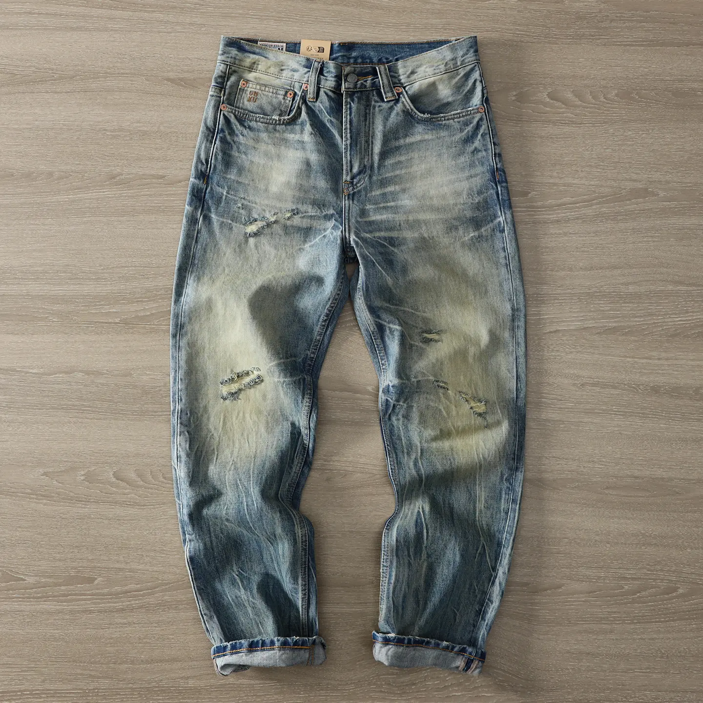 2026 Spring New American Retro 15.2OZ Heavyweight Holes Denim Jeans Men's Fashion 100% Cotton Washed Loose Straight Casual Pants
