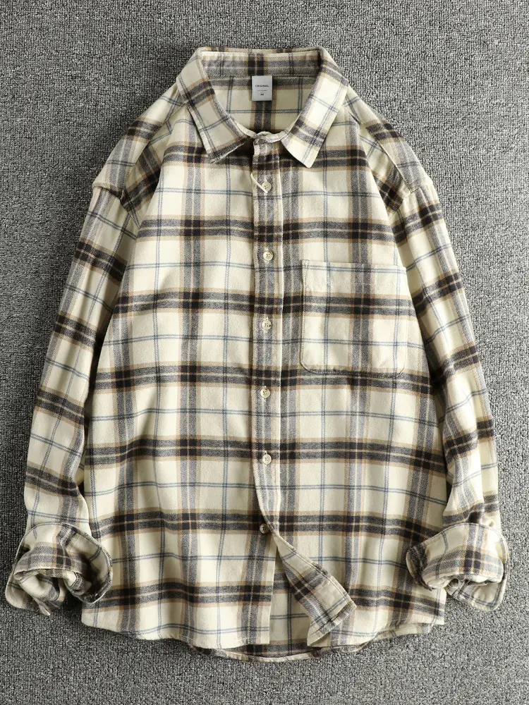 2025 Autumn New Japanese Retro Long-Sleeve Lapel Woven Brushed Plaid Shirt Men's Simple 100% Cotton Washed Casual Loose Blouses