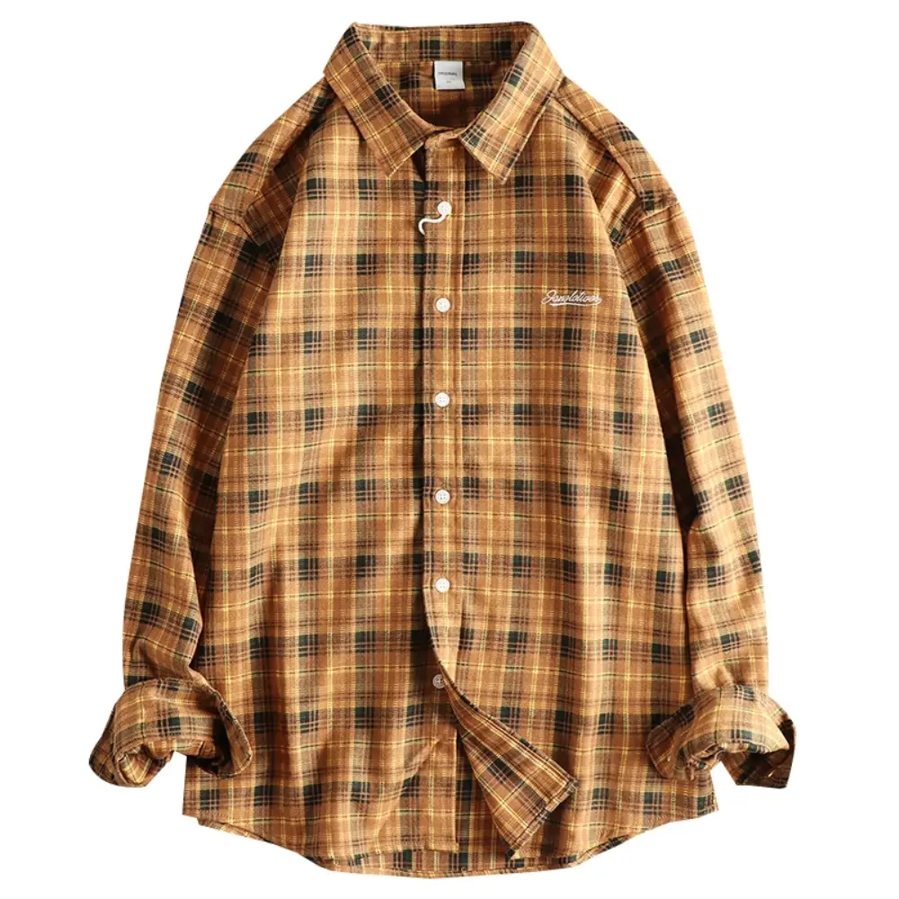 2025 Autumn New Japanese Retro Long-Sleeve Lapel Plaid Embroidery Shirt Men's Fashion Simple 100% Cotton Washed Casual Blouses