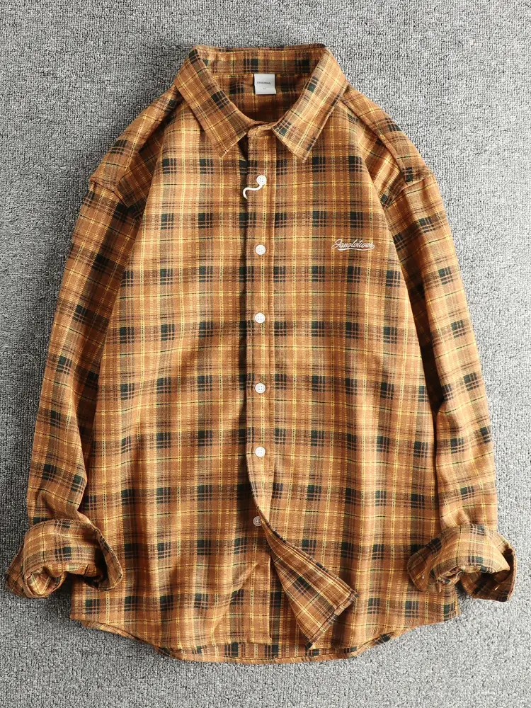 2025 Autumn New Japanese Retro Long-Sleeve Lapel Plaid Embroidery Shirt Men's Fashion Simple 100% Cotton Washed Casual Blouses