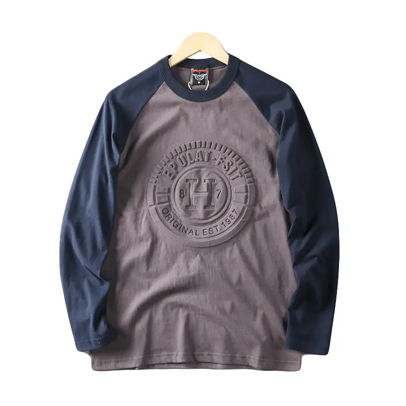Autumn Long Sleeve O-neck 3D Printed T-shirt Men's Fashion Contrast Splicing Raglan Sleeve Pure Cotton Washed Old Casual Tops
