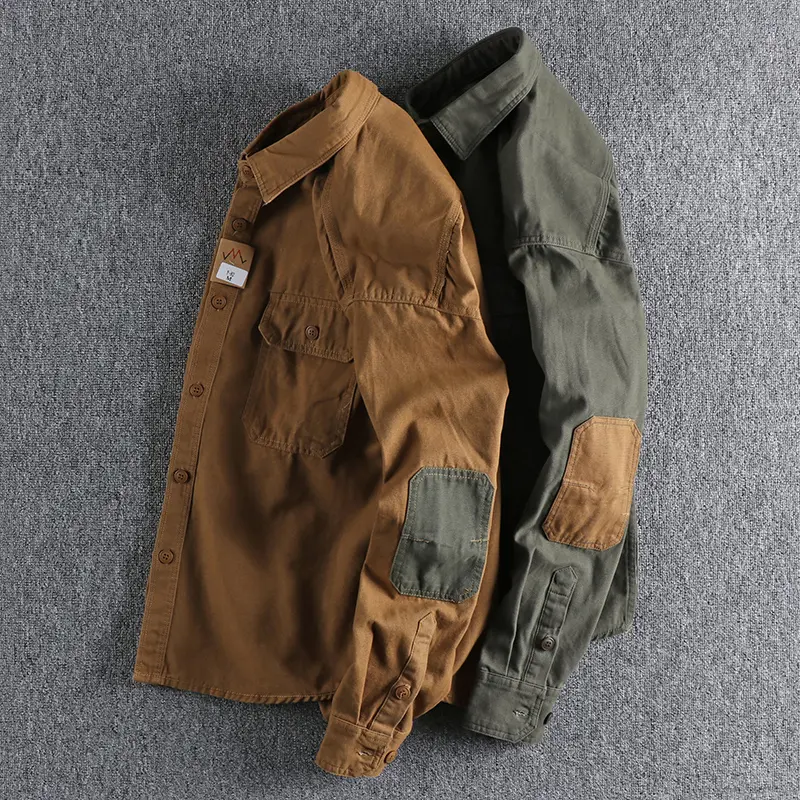 Autumn New American Retro Heavyweight Long Sleeve Lapel Cargo Shirt Men's Pure Cotton Washed Casual Double Pocket Blouses Coat