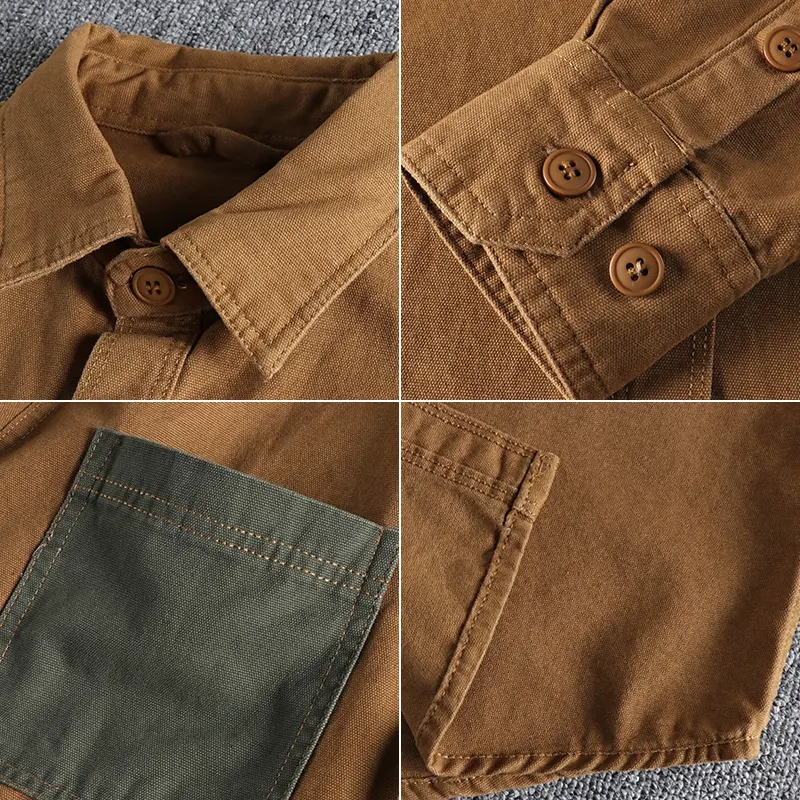 Autumn New American Retro Heavyweight Long Sleeve Lapel Cargo Shirt Men's Pure Cotton Washed Casual Double Pocket Blouses Coat