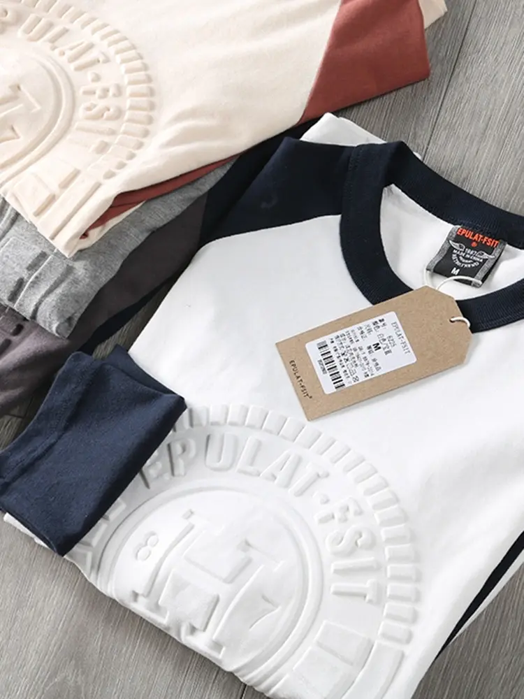 Autumn Long Sleeve O-neck 3D Printed T-shirt Men's Fashion Contrast Splicing Raglan Sleeve Pure Cotton Washed Old Casual Tops
