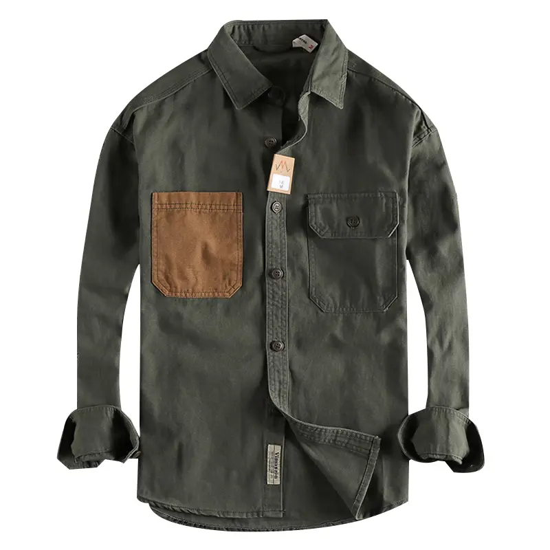 Autumn New American Retro Heavyweight Long Sleeve Lapel Cargo Shirt Men's Pure Cotton Washed Casual Double Pocket Blouses Coat