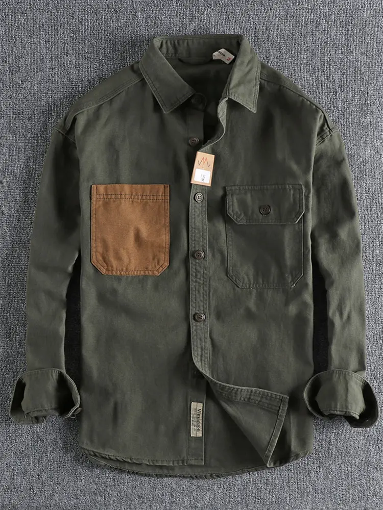 Autumn New American Retro Heavyweight Long Sleeve Lapel Cargo Shirt Men's Pure Cotton Washed Casual Double Pocket Blouses Coat