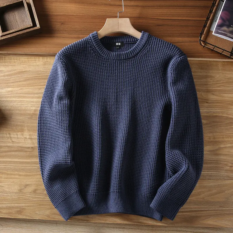 Autumn Winter New Original Long Sleeve O-neck Waffle Knitted Sweater Men's Fashion Japanese Rerto Loose Casual Pullover Coat