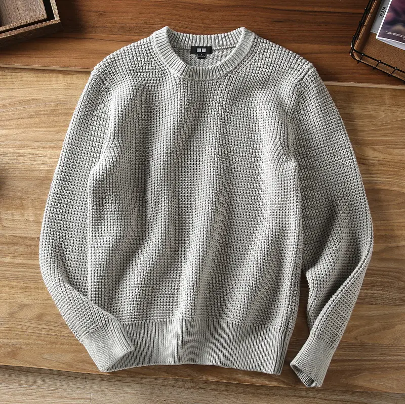 Autumn Winter New Original Long Sleeve O-neck Waffle Knitted Sweater Men's Fashion Japanese Rerto Loose Casual Pullover Coat