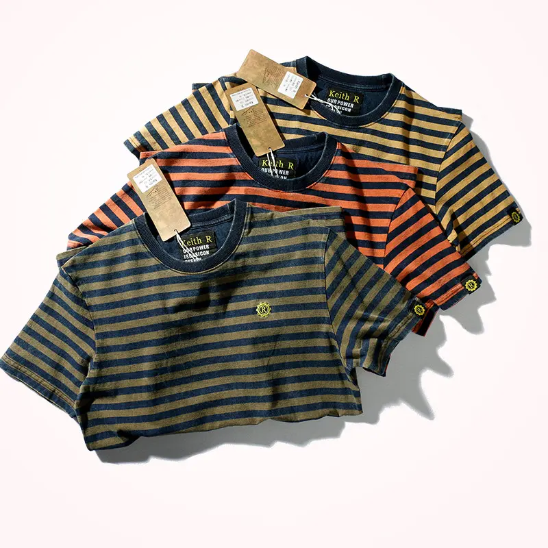2022# Summer New Japanese Retro Men's Fashion Short Sleeve Striped T-shirt Pure Cotton Slim Simple Round Neck Washed Old T-shirt