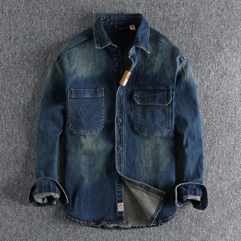 Autumn American Retro Heavyweight Denim Cargo Shirt Men's Fashion Pure Cotton Washed Old Long Sleeve Double Pocket Casual Tops