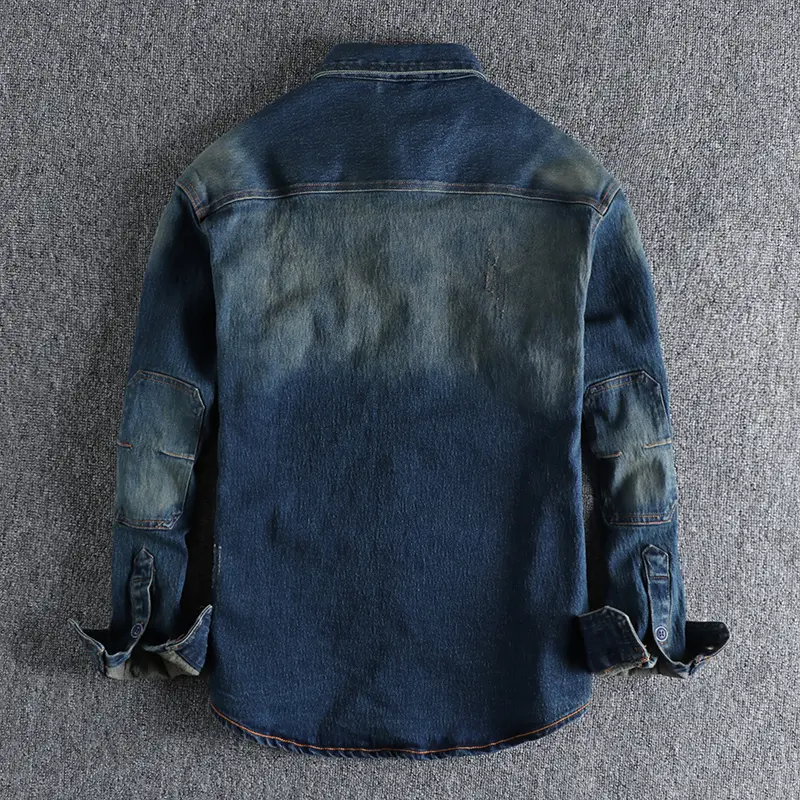Autumn American Retro Heavyweight Denim Cargo Shirt Men's Fashion Pure Cotton Washed Old Long Sleeve Double Pocket Casual Tops