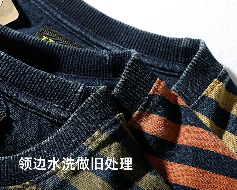 2022# Summer New Japanese Retro Men's Fashion Short Sleeve Striped T-shirt Pure Cotton Slim Simple Round Neck Washed Old T-shirt