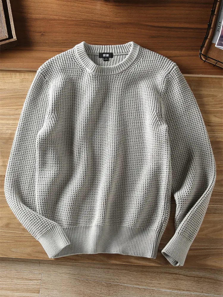 Autumn Winter New Original Long Sleeve O-neck Waffle Knitted Sweater Men's Fashion Japanese Rerto Loose Casual Pullover Coat