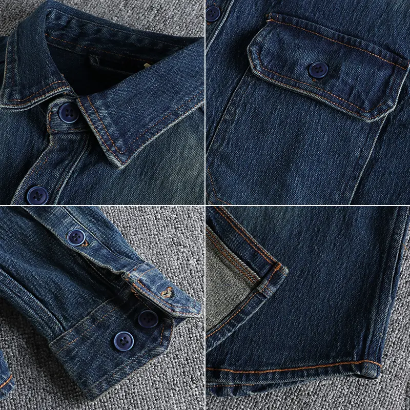 Autumn American Retro Heavyweight Denim Cargo Shirt Men's Fashion Pure Cotton Washed Old Long Sleeve Double Pocket Casual Tops
