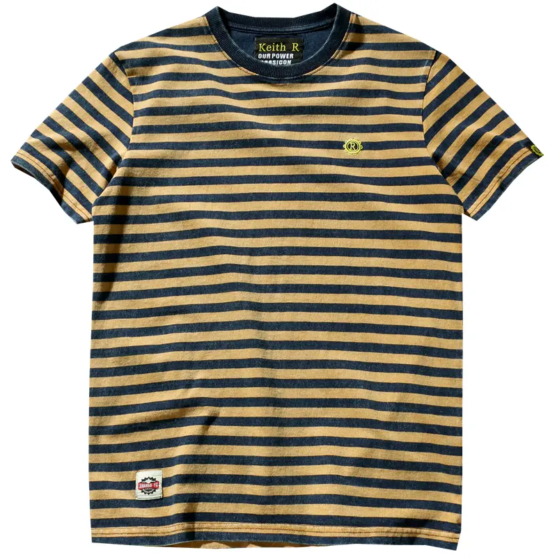 2022# Summer New Japanese Retro Men's Fashion Short Sleeve Striped T-shirt Pure Cotton Slim Simple Round Neck Washed Old T-shirt