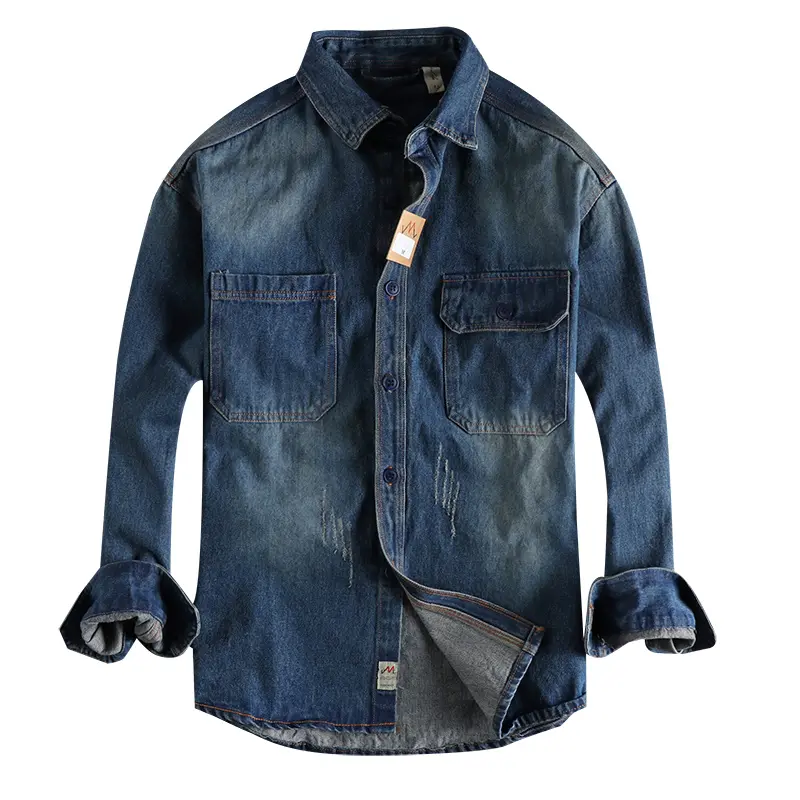 Autumn American Retro Heavyweight Denim Cargo Shirt Men's Fashion Pure Cotton Washed Old Long Sleeve Double Pocket Casual Tops